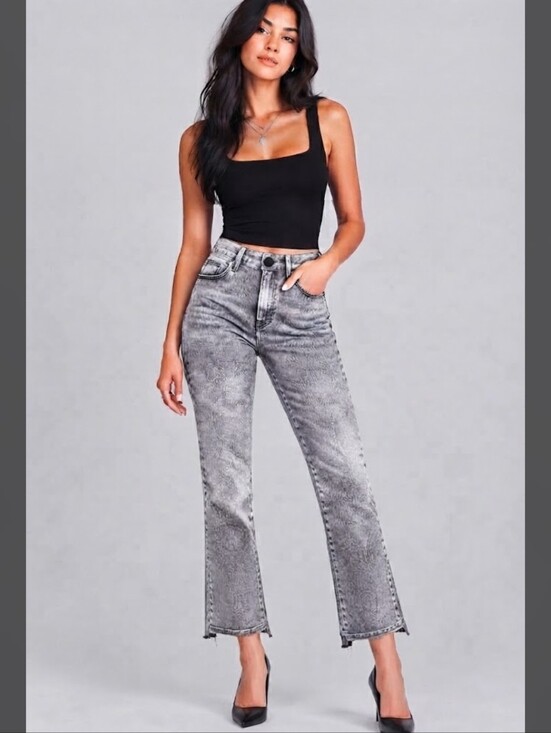 Good American Denim - Good American Gray Acid Wash Straight Leg Jeans